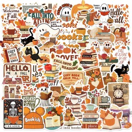 50Pcs Fall Into Reading Stickers Pack for Kindle Waterproof Vinyl Fall Bookish Stickers for Kids Teens Adult and Bookworm Funny Black Cat and Ghost Bookish Decals Laptop Book Phone Stickers
