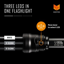 Nightfox Spectrum Triple LED IR Torch | IR 850nm, IR 940nm and White LED - Instantly Select LED | Stepless Dimmer Switch | IR Illuminator for Night Vision Scopes