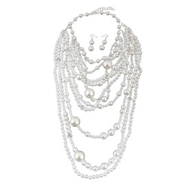 Thkmeet Gatsby 1920s Multilayer Faux Pearl Necklace Long Sweater Chain Necklace Earrings for Women Vintage Bridal Jewelry Set
