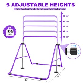 Bighaki808 Gymnastics Bars Kids Training Bars for Home, Folding Horizontal Bars with Adjustable Height Expandable Gymnastics Equipment Junior Kip Bar for Girls & Boys (Purple)