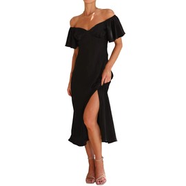 2025 Summer Women's Satin Off Shoulder Formal Dress Wedding Guest Elegant Butterfly Sleeve Split Cocktail Prom Midi Dresses Black