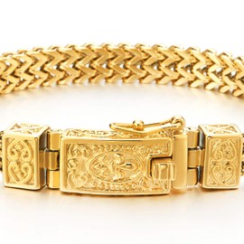 COOLSTEELANDBEYOND Mens Steel Gold Color Franco Link Curb Chain Bracelet, Vintage Fleur de Lis Spring Box Clasp 8.46 in(CA)