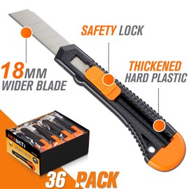 REXBETI 36 Pack Utility Knife, Retractable Box Cutter for Cartons, Cardboard and Boxes, 18mm Wider Razor Sharp Blade, Smooth Mechanism, Perfect for Office and Home use (36 Pack)