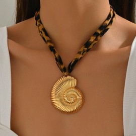 Scarf Necklace with Charm Chunky Cross Pendants Leopard Choker Necklaces Bandana Jewelry for Woman Conch Shell Boho Statement Accessories