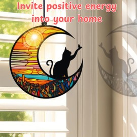 Black Cat Suncatcher Memorial Ornament, Acrylic Cat Lover Gifts for Women, Black Cats and Moon Memorial Gifts, Suncatchers for Windows Hanging, Decorations for Window, Homes Decor (Sunset, L)