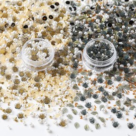 ALGLEA 3D Flower Nail Charms, Leaf, Glitter Crushed Stone and Pearls, 3D Camellia Charms for Nail Jewelry DIY Crafts Nail Art Decorative Accessories(Black&Glod,2 Pack)