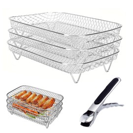 Yeqqzq 3Pcs Air Fryer Rack for Ninja Air Fryer, Stackable 304 Stainless Steel Dehydrator Rack with Clip, Rectangle Double Air Fryer Accessories for Ninja AF300UK