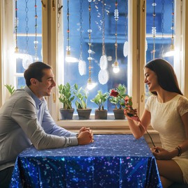 OQOQ Space Decorations Iridescent Tablecloth (Starry Blue, 2 Packs), Space Star Galaxy Iridescent Party Decorations Table Cloth Disposable Plastic Waterproof Rectangular Table Cover 54x108 Inches