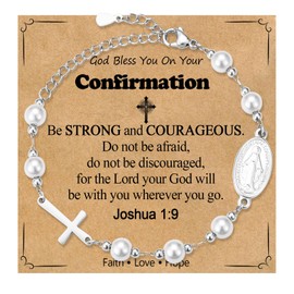 WIKHIA Pearl Cross Charm Bracelet for Girls, Confirmation Gifts for Teens Girls Kids, Catholic Religious Christian Jewelry for Goddaughter