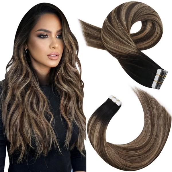 Moresoo Ombre Tape in Hair Extensions Human Hair Tape in Balayage Hair Extensions Off Black to Blonde Mix with Brown Tape in Extensions Seamless Hair Extensions 18 Inch #1B/4/14 20pcs 50g