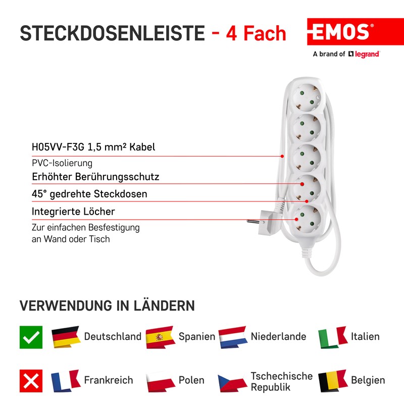 EMOS power strip Schuko 5-pin plug, 5m, SE0515-1,5
