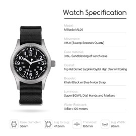 Militado ML05 38mm VH31 Quartz Watch - Domed Sapphire Glass Field C3 Super Luminous Retro Sweep Watch for Men 100M Water Resistant, Black White / No Logo, Strap.