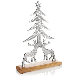com-four® Premium Decorative Stand, Sculpture Statue Made of Nickel-Plated Aluminium on Mango Wood Base, Decorative Figure for Standing, Great Room Decoration (Silver, Reindeer + Tree)