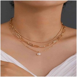 Erimberate Bohemian Pearl Pendant Necklace Chain Layered Paperclip Chain Necklace Vintage Pearl Collarbone Chain Necklace Gold Layered Necklace Chain Jewelry for Women and Girls