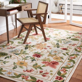 SAFAVIEH Chelsea Collection Area Rug - 5' Square, Ivory, Hand-Hooked French Country Floral Wool, Ideal for High Traffic Areas in Living Room, Bedroom (HK311B)