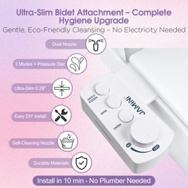 Jamini Detachable Plug‑in Bidet Attachment for Toilet  – Self-Retraction Dual Nozzles,  Non-Electric Bidet, Step‑less Dial Pressure Control, Self‑Cleaning Sprayer, Ultra‑Slim Design, CA65 Certified