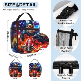 Kids Lunch Box For School Insulated American Football Lunch Box for Boys Girls, Cool Sports Ball Football American Flag Lunchbag for Kids Teens School Travel Picnic Hiking Beach Portable Lunchbox