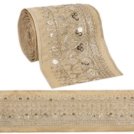 CABODYALS 3.46 Inch Gold Jacquard Embroidered Ribbon Polyester Sequin Bead Woven Trim Tape Wide Boho Floral Embroidery Fabric Applique Ribbons Bulk for Sewing Making Crafts Clothes Dresses Home Decor