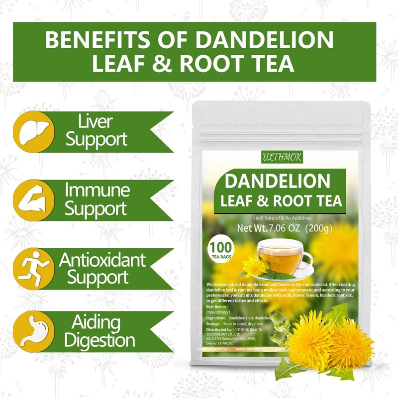 ULTHMOK Premium Dandelion Root & Leaf Tea,100 Tea Bags/7.06Oz,for Liver