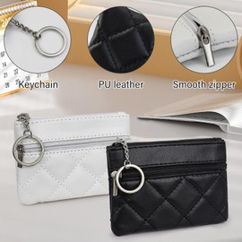 AdiStylinno Small Coin Purse, Rhombus PU Leather Coin Wallet with 2 Zipper Compartments and Keychain, Portable Coin Pouch Mini Coin Bag for Women Men (Black)