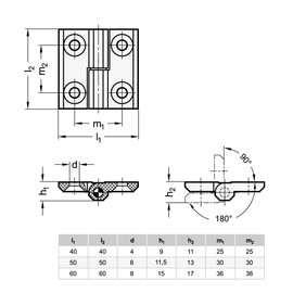 Ganter Normelemente Hanging Hinges Plastic Fixed Bearing Left 50 x 50 mm GN 337.1-50-50-6-A-2-SW