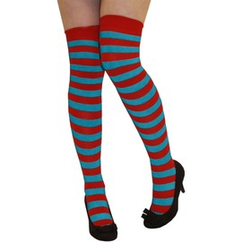 LABASA® New Ladies Girls Over The Knee Socks Long Casual Christmas Parties Valentine's Stripe Stripy Striped Cotton Socks Assorted Colours UK Size 4-6 (Turquoise With Red Striped)