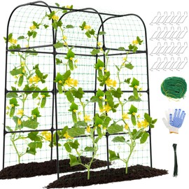 7ft Cucumber Trellis for Raised Bed, Garden Arch Trellis for Climbing Plants Outdoor Indoor, Metal Trellis Support with Net for Vegetables Tomato Zucchini Squash Beans Peas Melons, Rose Flowers,Vines