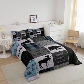 Camping and Hunting Themed Bedding Set, for Girls Boys Children Wildlife Decor Comforter Set Camper Themed Comforter Room Decor Deer Elk Bear Print Duvet Set Twin Size Quilt Set