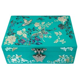 Mother of Pearl Jewelry Ring Necklace Mini Trinket Wooden Box - Inlay with Sea Shell Gifts for Women (Emerald)