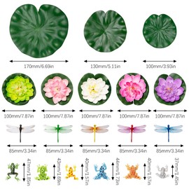 Sxutop 28 Pcs Artificial Pond Plants Set Floating Lotus Foam Flowers Faux Lily Pads Plastic Water Lillies for Ponds with Artificial Dragonfly Frog Lotus Leaves for Fountain Pool Aquarium Pond Decor
