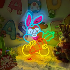 Rabbit with Carrot Easter Neon Sign Window Lights Led Bunny Neon Light Easter Decorations Rabbit Light Up Sign for Room Decor Wall Decor Holiday Gift