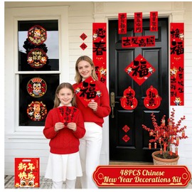 48 PCS Chinese New Year Decorations Set 2027 Lunar New Year Party Supplies for Living Room The Year of Horse Static Cling Red Envelopes Spring Festival Couplets Kit Chunlian Paper Hanging Ornaments