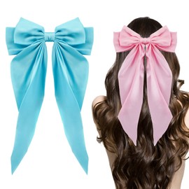 Big Bow Hair Clips 2pcs, Long Tail French Hair Bows for Women Girl, Satin Silky Bow Hair Barrette,Sky Blue Light Pink Bow Hair Dress Up Accessories for Birthday/Party/Show/Christmas/Thanksgiving