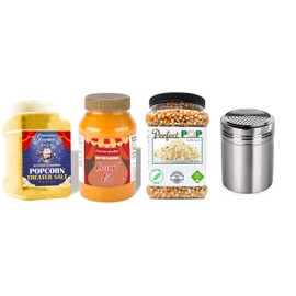 Concession Essentials Movie Night Pack - 1ct of Each Item-32oz Buttery Coconut Oil /32oz Popcorn Salt/32oz Popcorn Kernels/10oz Steel Shaker/all for Better Tasting Popcorn-4ct