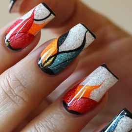 RUOKEXIN Medium Press on Nails Square Fake Nails Colorful False Nails with Designs Glitter Full Cover Glue on Nails Sparkly Rainbow Artificial Nails Cute Stick on Nails for Women 24Pcs