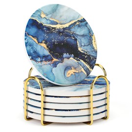Topdea Drink Coasters with Holder(Set of 6), Navy Blue Marble Style Ceramic, Splash Absorbent, Coasters Set Suitable for Coffee Table Decor,Bar Accessories.