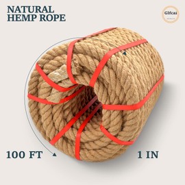 Glfcai Natural Hemp Rope, 1 In X 100 Ft, Brown, Ideal for Crafts, Porch Swing, Decor, Railing, Docks, Landscaping
