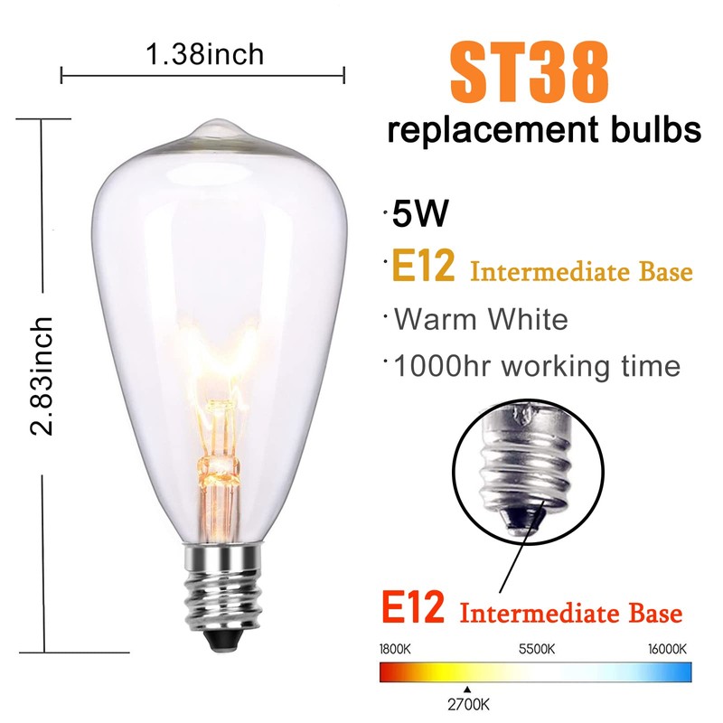 Konictom ST38 Edison Replacement Light Bulbs, 7W Clear Glass String