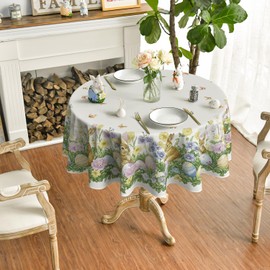 Horaldaily Easter Tablecloth 70×70 Inch Round, Beige Easter Grass Bunny Egg Washable Seasonal Table Cover for Party Picnic Dinner Decor