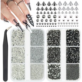 qiipii Metallic Black Silver 3D Mini Metal Punk Bullet Rivet Nail Charms Flat Bottomed Alloy Pointed Cone Spike Nail Art Rhinestones Pearls Gems Studs Steel Beads Balls for Acrylic Nails Goth Manicure