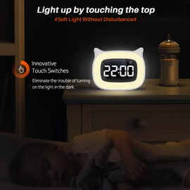 SMOUPING Kids Alarm Clock with Night Light & 18 Ringtones,Rechargeable,Cute Cat Ear Clock for Boys Girls Birthday Presents,Digital Clock for Children's Bedroom(White)