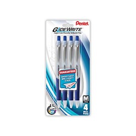 Pentel Pens, GlideWrite Ballpoint Pen with TechniFLO Ink - 4 pack of BLUE Ink Pens 1.0mm with Retractable Barrel Design - Easy Grip & Smooth Writing, Metal Tip, Medium point pen.blue and black i