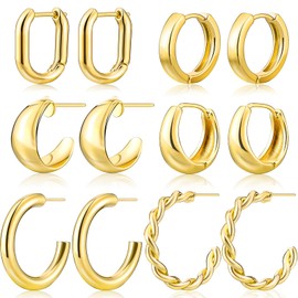 Gold Hoop Earrings Set for Women, 14K Gold Plated Hypoallergenic Lightweight Open Huggie Hoop Earrings(Gold)