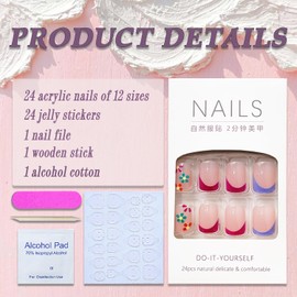 Pink Press on Nails Short Square SWEKKE French Tip Fake Nails Nude Full Cover Colorful Floral False Nails with Designs Spring Summer Acrylic Nails Glossy Glue on Nails Artificial Nails for Women Girls