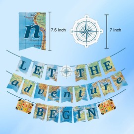 TSHAOUN 3 Pieces Bon Voyage Party Decorations World Map Pennant Party Decoration, Let The Adventure Begin Bunting, School Leavers Banner, Farewell, Travel, Party Decoration (3 Pcs)