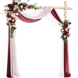Taeku Wedding Arch Draping Fabric – 30" x 20FT Sheer Chiffon Backdrop Curtain for Ceremony, Bridal Shower, Party or Outdoor Decor – Soft Flowing Fabric for Arches Aisles (White+Red)