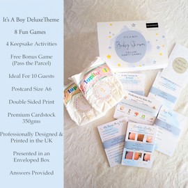 13 Baby Shower Games Boy, 10 Player Pack, include Baby Predictions, Dirty Nappy Game, Blue (Baby Boy)