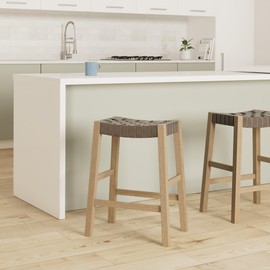 Maven Lane Emerson 26 Inch Tall Counter Height Backless Saddle Barstool in Weathered Grey Wood Finish with Ronan Stone Vegan Leather Seat