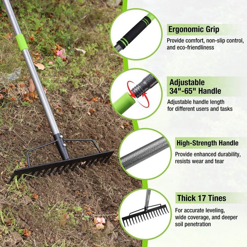 WORKPRO 65" Heavy Duty Bow Rake 17 Tine Metal Head