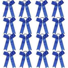 chiduerm 16Pcs Cheerleading Bows Long Tail Skinny Cheer Hair Bows Grosgrain Ribbon Elastic Bands Handmade Ponytail Holder for Cheerleading Girls School College Sports (Long Blue)